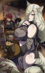  1boy 1girl 2others 3girls adversarial_noise alcohol animal_ears ascot axe back_ribbon backless_leotard bag battle_axe black_capelet black_garter_straps blue_hair blush book breasts bustier capelet cheek_rest closed_eyes cup drinking_glass elbow_rest fabienne_(metaphor:_refantazio) fairy fairy_wings frilled_bustier frilled_panties frills gallica_(metaphor:_refantazio) gart garter_straps gloves grabbing_another's_tail grey_hair hair_over_one_eye halberd hand_on_own_chest headband highres holding holding_another's_tail holding_bag holding_plate hulkenberg_(metaphor:_refantazio) insect_wings jacket lace lace_sleeves lace_trim large_areolae large_breasts leotard lingerie long_hair looking_at_another metaphor:_refantazio mole mole_under_eye mug multiple_girls multiple_others multiple_wings navel nipples orphen_(pink_seito) panties plate pointy_ears polearm protagonist_(metaphor:_refantazio) red_hair see-through_clothes see-through_panties short_hair side-tie_panties sitting sitting_on_head sitting_on_person stomach tail tail_grab tail_ornament thighhighs thighs tray underwear weapon white_ascot white_jacket wine wine_glass wings wrist_cuffs 