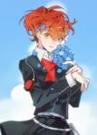  1girl aaafiree black_jacket black_skirt blue_flower bow bowtie brown_eyes brown_hair commentary flower gekkoukan_high_school_uniform hair_between_eyes hair_flower hair_ornament highres holding holding_flower jacket long_sleeves looking_at_viewer outdoors persona persona_3 persona_3_portable red_bow red_bowtie school_uniform shiomi_kotone short_hair skirt solo untranslatable_commentary 