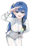  1girl arcana_(nikke) asymmetrical_hair bead_bracelet beads blue_eyes blue_hair bra bra_visible_through_clothes bracelet breast_zipper breasts buckle chest_belt commentary_request covered_collarbone covered_navel cowboy_shot dress earrings finger_claws goddess_of_victory:_nikke hair_intakes hand_on_own_hip highres jewelry korean_commentary leaning_forward lf_729 long_hair long_sleeves looking_at_viewer medium_breasts multiple_bracelets multiple_rings one_side_up open_mouth panties panties_visible_through_clothes ring shading_eyes simple_background smile snap-fit_buckle solo standing taut_clothes taut_dress tight_clothes tight_dress underwear white_background white_bra white_dress white_panties zipper_dress 