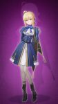  1girl 3d absurdres ahoge artoria_pendragon_(fate) blonde_hair blue_dress boots bow bowtie breasts commentary dress english_commentary fate/stay_night fate_(series) frown gradient_background green_eyes high_heel_boots high_heels highres honkai:_star_rail honkai_(series) light_frown looking_at_viewer mewgamii pantyhose saber_(fate) saber_(honkai:_star_rail)_(fate) sidelocks small_breasts solo solo_focus 
