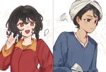  1boy 1girl :d black_hair blush braid commentary curly_hair dress english_commentary green_eyes highres hijab hyrarchv l_hand muhammad_(tenmaku_no_jaadugar) multicolored_eyes multiple_braids purple_eyes red_dress sitara smile speech_bubble squiggle tenmaku_no_jaadugar turban two-tone_eyes upper_body white_background white_hijab 