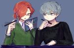  2boys black_shirt blue_background collared_shirt commentary_request dated dress_shirt esse_series green_eyes green_sweater grey_eyes grey_hair highres holding holding_notebook holding_pen kuchinashi_dabi multiple_boys notebook pen ponytail red_hair shirt sweater tonimura_yui totsuzen_e translation_request upper_body white_shirt writing 