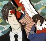  1boy 1girl black_hair black_jacket black_necktie blue_robe coat collared_shirt commentary_request e.g.o_(project_moon) forest_for_the_flames_(e.g.o) holding holding_sword holding_weapon jacket katana limbus_company necktie official_alternate_costume open_clothes open_coat parted_bangs parted_lips project_moon red_eyes revealing_layer rien_(project_moon) robe ryoshu_(project_moon) shirt short_hair striped_coat sword tsugino223 upturned_eyes weapon white_shirt wide_sleeves yellow_eyes 