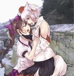  2girls absurdres animal_ears black_bridal_gauntlets black_necktie black_skirt bow bridal_gauntlets brown_hair checkered_clothes checkered_skirt chikuwa_coffee_(milk_soda) closed_eyes collared_shirt commentary_request cover cover_page cowboy_shot day detached_sleeves doujin_cover frilled_shirt_collar frills hair_bow hands_on_another's_cheeks hands_on_another's_face hat highres himekaidou_hatate inubashiri_momiji long_hair looking_at_another multiple_girls necktie novel_cover open_mouth outdoors photo_background pom_pom_(clothes) purple_hat purple_skirt red_eyes ribbon-trimmed_sleeves ribbon_trim saliva saliva_trail shirt short_hair short_sleeves skirt sleeveless sleeveless_shirt tail tokin_hat touhou turtleneck turtleneck_shirt twintails white_hair white_shirt white_sleeves wolf_ears wolf_girl wolf_tail yuri 