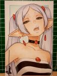  1girl artist_name bare_shoulders black_choker black_dress blue_background choker choker_jewel commentary commentary_request cursive dress earrings elf english_commentary frieren green_eyes grey_hair half-closed_eyes highres jewelry long_hair omar_dogan open_mouth photo_(medium) pointy_ears protected_link scan solo sousou_no_frieren striped_clothes striped_dress teardrop_earrings traditional_media twintails two-tone_background two-tone_dress white_background white_dress 