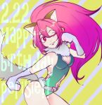  1girl :3 animal_ears animal_hands breasts buckle cat_ears cat_tail cleavage_cutout closed_mouth clothing_cutout commentary_request dated gloves heart heart-shaped_buckle leotard long_hair navel navel_cutout one_eye_closed perisie_(star_ocean) pink_hair ponytail smile solo star_ocean star_ocean:_first_departure tail yaegiri 
