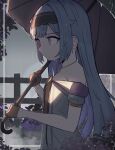  1girl absurdres bare_shoulders blue_hair brown_gloves closed_mouth dress fence flower from_side gloves highres holding holding_umbrella long_hair mecham off-shoulder_dress off_shoulder original outdoors purple_eyes rain short_sleeves solo umbrella upper_body 