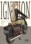  1girl absurdres alternate_costume bag black_shirt blonde_hair blue_eyes brown_gloves commentary_request from_behind full_body gloves green_pants highres kantai_collection license_plate looking_at_viewer motor_vehicle motorcycle pants pot-de royal_enfield_classic shirt solo warspite_(kancolle) 