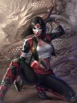 1girl arm_tattoo armband artist_name black_eyes black_gloves black_hair breasts closed_mouth collarbone commentary cropped_jacket dc_comics douglas_bicalho dragon eastern_dragon english_commentary fingerless_gloves gloves highres jacket katana katana_(dc) large_breasts looking_at_viewer mask medium_hair midriff nail_polish open_clothes open_jacket paid_reward_available pink_nails sheath sheathed solo stomach_tattoo sword sword_on_back tattoo weapon weapon_on_back wooden_floor 