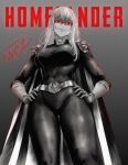  1girl absurdres belt bodysuit breasts cape character_name covered_abs from_below gloves gradient_background grey_background grin highres homelander large_breasts long_hair red_eyes smile solo starficsboy superhero_costume the_boys 