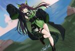  1girl :d absurdres arknights arm_up bare_shoulders belt belt_buckle black_boots black_coat black_hair black_sash black_tail boots bright_pupils brown_hair buckle chromatic_aberration cloud coat commentary day dress foot_out_of_frame grass green_coat green_dress green_hair highres horizon knee_boots leg_up long_hair mon3tr_(arknights) ocean open_mouth outdoors outstretched_arm plant pouch rock sash short_dress sleeves_past_fingers sleeves_past_wrists smile solo standing standing_on_one_leg tail thigh_belt thigh_strap two-sided_coat two-sided_fabric white_pupils yoloarts 