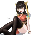  1girl :d arm_at_side armor bangle black_hair black_thighhighs bracelet breasts chinese_clothes commentary dress foot_out_of_frame gold_bracelet hair_ornament hanamaru1705 heaven_burns_red highres jewelry large_breasts legs_up li_yingxia looking_at_viewer no_shoes open_mouth orange_dress orange_eyes orange_hair pelvic_curtain qipao shadow short_hair shoulder_armor simple_background sitting smile soles solo sweatdrop thighhighs thighs v-shaped_eyebrows white_background 