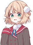  blonde_hair blue_ribbon blunt_bangs blush buttons collared_shirt commentary dot_nose double-breasted dress_shirt green_eyes grey_jacket hair_ornament hair_rings highres indie_virtual_youtuber jacket long_sleeves looking_at_viewer missing_headwear neck_ribbon peanut_mouth pinstripe_jacket pinstripe_pattern pom_pom_(clothes) pom_pom_hair_ornament red_sailor_collar ribbon rounded_collar sailor_collar school_uniform shigure_ui_(1st_costume)_(vtuber) shigure_ui_(vtuber) shirt short_hair side_up_ring simple_background sleeve_cuffs sleeves_past_wrists striped_clothes striped_jacket untranslatable_commentary upper_body vertical-striped_clothes vertical-striped_jacket virtual_youtuber white_background white_shirt yukimi_(st_ykno) 