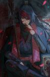  1boy absurdres arm_wrap bandage_over_one_eye bandages black_coat black_eyes black_hair black_pants black_robe blood blood_on_clothes blood_on_face blood_on_hand blood_splatter closed_mouth coat coat_on_shoulders commentary crossed_legs dragon_statue falling_petals guan_dao hair_ornament hand_on_own_chin hand_up high_ponytail highres holding holding_polearm holding_weapon hong_lu_(project_moon) hongyuan_(identity)_(project_moon) limbus_company long_hair long_sleeves looking_at_viewer male_focus one_eye_covered pants petals polearm ponytail project_moon red_eyes robe rope_belt shachi_ark sitting solo stole stroking_own_chin very_long_hair weapon xiao_guan_(headdress) 