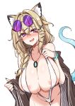  1girl absurdres adapted_costume animal_ear_fluff animal_ears areola_slip arknights artist_name ass_visible_through_thighs blush bracelet braid breasts cleavage commentary_request covered_nipples cowboy_shot eyewear_on_head full_cleavage hair_ornament hairclip highres huge_breasts jacket jewelry long_hair maiq06 nipples off_shoulder official_alternate_costume one-piece_swimsuit open_clothes open_jacket open_mouth pendant purple-tinted_eyewear purple_eyes see-through_clothes see-through_one-piece_swimsuit simple_background slingshot_swimsuit smile solo swimsuit tail thigh_gap tinted_eyewear utage_(arknights) utage_(summer_flowers)_(arknights) white_background x_hair_ornament 