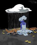  2boys aizawa_sachi blue_(deltarune) blue_skin boots brown_boots cloud colored_skin commentary_request cowboy_boots cowboy_hat dated deltarune dreadlocks dress hat lying male_focus multiple_boys on_back petals ponytail rain raincloud signature sitting spurs unworn_hat unworn_headwear utdr_(toby_fox) water white_dress white_hair yellow_(deltarune) yellow_petals 