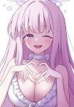  1girl bare_arms bare_shoulders bikini blue_archive blush breasts choker collarbone commentary four-finger_heart_hands frilled_bikini frills halo heart heart_hands highres large_breasts long_hair looking_at_viewer lying mika_(blue_archive) mika_(swimsuit)_(blue_archive) multicolored_eyes official_alternate_costume official_alternate_hairstyle one_eye_closed pink_hair pink_halo shizuri_yuki simple_background smile solo swimsuit teeth two-tone_eyes upper_body very_long_hair white_background white_bikini white_choker yellow_eyes 
