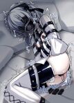  1boy absurdres anal anal_object_insertion ass bdsm black_ribbon blindfold bondage bound bound_arms bound_legs commentary_request crossed_bangs dokomilk double-parted_bangs feet_out_of_frame gag gagged grey_hair hair_between_eyes hair_ribbon highres hitachi_magic_wand legbinder long_hair lying male_focus male_penetrated nipple_clamps nipples object_insertion on_side original pillow plug_gag ponytail remote_control_vibrator ribbon sex_toy sidelocks solo straitjacket strap trap trembling vibrator vibrator_on_penis 