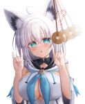  1girl ? ahoge animal_ear_fluff animal_ears blue_neckerchief blush braid breasts cleavage coin coin_on_string commentary detached_sleeves double_fox_shadow_puppet drawingmochi7 earrings fox_ears fox_girl fox_shadow_puppet green_eyes hair_between_eyes heart heart-shaped_pupils highres hololive hood hoodie hypnosis jewelry large_breasts long_hair looking_at_viewer mind_control neckerchief open_mouth shirakami_fubuki shirakami_fubuki_(1st_costume) sidelocks simple_background single_braid solo symbol-shaped_pupils virtual_youtuber white_background white_hair white_hoodie 