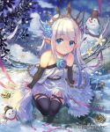  1girl arm_support bare_shoulders black_thighhighs blue_eyes blue_flower blue_hair blue_rose bridal_gauntlets commentary_request crystal crystal_hair_ornament dress elf flower kneeling lily_(granblue_fantasy) long_hair looking_at_viewer looking_up official_art outdoors pointy_ears ponzu_(catponz) rose shadowverse shingeki_no_bahamut snowflakes solo thighhighs tiara very_long_hair white_dress 