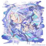  1girl abstract_background asymmetrical_legwear blue_dress blue_eyes blue_hair blue_ribbon blue_trim blunt_bangs bubble bubble_hair_ornament bubble_wand coat collarbone commentary_request copyright_notice dress foreshortening frilled_sleeves frills full_body garter_straps gem gihuta_hiroshi glitch gyakuten_othellonia hair_over_one_eye hairband holding holding_staff holding_wand hood hood_down hooded_coat iridescent_clothes iridescent_hair long_sleeves looking_at_viewer loose_thighhigh medium_hair neck_ribbon official_art open_clothes open_coat othellonia parted_lips pearl puffy_long_sleeves puffy_sleeves purple_coat ribbon see-through_clothes see-through_sleeves short_dress simple_background sleeves_past_wrists soap_bubbles solo staff thighhighs uneven_legwear wand white_background white_garter_straps white_thighhighs 