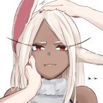  1girl 1other animal_ears artist_name bare_shoulders boku_no_hero_academia cheek_pinching commentary_request dark-skinned_female dark_skin droopy_ears floppy_ears fur_collar fur_trim hands_on_another's_face headpat highres long_eyelashes looking_at_viewer meme mirko mmsb_551 orange_eyes out_of_frame pinching pout rabbit_ears rabbit_girl red_eyes simple_background turtleneck white_background white_hair 