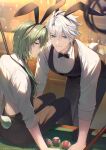  2boys absurdres anaxa_(honkai:_star_rail) animal_ears aqua_hair ball billiard_ball billiards black_bow black_bowtie black_hairband black_pants black_vest blue_eyes bow bowtie closed_mouth commentary fake_animal_ears fake_tail hairband highres honkai:_star_rail honkai_(series) long_hair male_focus multicolored_eyes multiple_boys noes pants phainon_(honkai:_star_rail) rabbit_ears rabbit_tail shirt short_hair smile tail untranslatable_commentary vest white_hair white_shirt yaoi 
