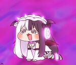  1girl 216 all_fours anklet beatmania_iidx bemani black_bow black_hair black_socks blush bow commentary_request demon_wings detached_sleeves dress full_body hair_bow headphones jewelry long_hair looking_at_viewer meme multicolored_hair open_mouth purple_background red_wings shoes sleeveless sleeveless_dress socks solar_eclipse_(bemani) solo speakiposting_(meme) spiked_anklet spikes split-color_hair tearing_up trickcal white_dress white_hair white_shoes white_sleeves wings 
