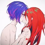  1boy 1girl alternate_hair_length_(longer) alternate_hairstyle amate_yuzuriha aqua_eyes blue_hair blush breasts colored_inner_hair commentary_request couple gundam gundam_gquuuuuux hetero highres holding holding_another's_arm kiss long_hair multicolored_hair nude purple_hair red_eyes red_hair short_hair shuji_ito sweat two-tone_hair upper_body wohaolana 