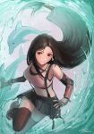 1girl absurdres artist_name bare_shoulders black_hair black_skirt black_thighhighs blush boots breasts closed_mouth commentary crop_top dolphin earrings elbow_gloves english_commentary final_fantasy final_fantasy_vii final_fantasy_vii_remake fingerless_gloves floating_hair foot_out_of_frame glint gloves highres jewelry large_breasts leg_up long_hair looking_at_viewer low-tied_long_hair making-of_available midriff miniskirt navel red_boots red_eyes signature single_arm_guard skirt smile solo sparkle suspender_skirt suspenders tank_top thighhighs tifa_lockhart twitter_username very_long_hair water white_tank_top zettai_ryouiki zubi_(zewbee) 