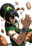  1girl absurdres armlet artist_name avatar_aang:_the_last_airbender avatar_legends black_hair blind bracelet dot_(yo_roppa) element_bending floating_rock geokinesis green_hairband green_pants green_tunic grey_eyes hair_bun hairband highres jewelry muscular muscular_female pants short_hair single_hair_bun toph_beifong tunic 