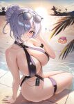  2girls absurdres ass ass_focus bikini blush breasts choker cinderella_(crystal_wave)_(nikke) cinderella_(nikke) cleavage commentary dog_tags doro_(nikke) eyewear_on_head full_cleavage goddess_of_victory:_nikke grey_hair hair_bun highres jewelry large_breasts lens_flare long_hair looking_at_viewer meme multiple_girls necklace official_alternate_costume official_alternate_hairstyle palm_tree red_eyes reflection sitting skindentation ssong2 string_bikini sunset sweat swimsuit thigh_strap thighs tree wide_hips 