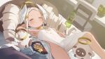  1girl absurdres bag_of_chips bottle bracelet breasts can chair choonbongwoori cleavage_cutout closed_eyes clothing_cutout commentary dress drill_hair drink_can earrings english_commentary feathered_wings grey_hair halo head_wings highres indie_virtual_youtuber jewelry leg_up light_particles long_hair lying on_back pointy_ears sheep small_breasts soda_bottle soda_can syoka_(vtuber) twin_drills virtual_youtuber white_dress white_wings wings yellow_halo 