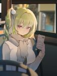  1girl absurdres blurry blurry_background blurry_foreground breasts bus_interior cellphone cellphone_charm character_charm charm_(object) chico_(yuzuha_riko) closed_mouth commentary_request day depth_of_field expressionless eyelashes green_hair grey_scarf grey_sweater hair_intakes hair_ornament hand_up highres holding holding_phone impossible_clothes impossible_vest korean_commentary large_breasts looking_at_viewer medium_hair one_side_up phone pom_pom_(clothes) pom_pom_hair_ornament purple_eyes scarf smartphone solo stellive sweater vest virtual_youtuber white_vest winter_clothes wo0ngw0ong yuzuha_riko 