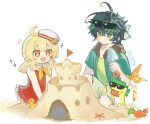  1boy 1girl ahoge ajaw_(genshin_impact) bare_shoulders blonde_hair closed_mouth commentary_request crab dress eyewear_on_head genshin_impact green_eyes green_hair green_jacket green_shirt green_shorts hat holding holding_shovel jacket kinich_(genshin_impact) klee_(genshin_impact) long_hair looking_at_another nanase_sato neckerchief official_alternate_costume open_mouth orange_eyes pointy_ears red_dress sand_castle sand_sculpture shirt short_hair shorts shovel simple_background sitting sleeveless sleeveless_dress sparkling_eyes sunglasses twitter_username white_background white_hat yellow_neckerchief 