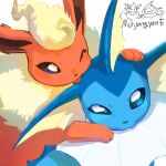 blue_eyes close-up commentary_request fins flareon head_fins highres korean_commentary mulyongyone no_humans one_eye_closed pokemon pokemon_(creature) simple_background tongue tongue_out vaporeon white_background 