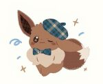  :3 beret bow bowtie eevee full_body hat inomo_(qimoshu) no_humans no_lineart one_ear_down one_eye_closed plaid_bow plaid_bowtie plaid_clothes plaid_hat pokemon pokemon_(creature) pokemon_focus simple_background smile sparkle squiggle stitches 