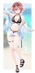  1girl adjusting_eyewear bikini bikini_under_clothes black_bikini black_sandals blurry blurry_background border breasts commentary_request eyewear_on_head hand_on_eyewear highres hololive jacket jacket_partially_removed medium_breasts one_eye_closed open_fly outline outside_border platform_sandals sandals short_hair shorts solo sunglasses swimsuit takane_lui toketa-sekai twitter_username virtual_youtuber white_border white_jacket white_outline white_shorts 