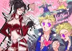  1boy 1girl :d aroused_nosebleed black_hair blonde_hair blood blue_shirt blush breasts broken_eyewear cleavage clenched_hand clothing_cutout coat collar collarbone commentary crossbow desagreablelol ear_piercing english_text fingerless_gloves glasses gloves hand_on_own_hip heart heart_cutout heartseeker_vayne jewelry league_of_legends lips locke_(league) midriff multiple_views navel nosebleed opaque_glasses piercing ponytail purple-tinted_eyewear red_lips round_eyewear shirt smile thighhighs tinted_eyewear untranslatable_commentary vayne_(league) weapon 