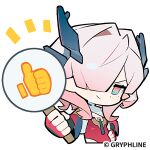  1girl arknights arknights:_endfield blue_horns chibi chibi_only closed_mouth hair_over_one_eye hand_on_own_hip holding horns jacket lowres medium_hair mi_fu_(arknights) mole mole_under_eye multicolored_eyes official_art pink_hair pointy_ears red_eyes smile sticker_(medium) thumbs_up white_jacket 