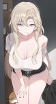  1girl absurdres bag black_nails black_survival blair_(black_survival) blonde_hair blue_eyes breasts cigarette cleavage collarbone commentary_request dolphin_shorts eternal_return:_black_survival highres holding holding_bag korean_commentary large_breasts long_hair messy_hair mole mole_under_mouth mouth_hold shirt shorts single_bare_shoulder solo thighs trash_bag unnunal_(unneonal) white_shirt 