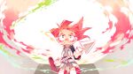  1girl closed_mouth commentary_request cowboy_shot determined from_below frown holding long_sleeves magotsuki_(hurray) multicolored_eyes original pink_hair ponytail red_nose shorts solo standing tearing_up tears two-tone_eyes wind yellow_eyes 