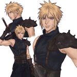  1boy armor black_gloves bleerghw blonde_hair blue_eyes buster_sword cloud_strife cloud_strife_(cosplay) commentary cosplay earrings english_commentary facial_mark final_fantasy final_fantasy_vii final_fantasy_vii_remake gloves highres jewelry lips male_focus naruto_(series) naruto_shippuuden pauldrons shoulder_armor signature single_pauldron sleeveless sleeveless_turtleneck smile spiked_hair stud_earrings turtleneck uzumaki_naruto whisker_markings 