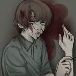  1boy adam_lanza blood blood_from_mouth blood_in_hair blood_on_clothes blood_on_face blood_on_ground blood_on_shoulder blue_shirt brown_hair corpse death hair_between_eyes headshot highres lying mer0_ger0 nosebleed on_floor on_ground on_side pale_skin parted_bangs polo_shirt pool_of_blood real_life sandy_hook_elementary_school_shooting shirt short_hair side_part suicide true_crime upturned_eyes 