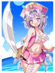  1girl :d amiya_aranha arthropod_girl arthropod_limbs bicorne blush border breasts cleavage commentary commission cougar_(cougar1404) cowboy_shot cutlass day dutch_angle extra_legs hair_ornament hat holding holding_sword holding_weapon indie_virtual_youtuber leg_piercing legs looking_at_viewer navel ocean open_mouth outdoors outline outside_border pirate_hat short_hair simple_background skirt skull_hair_ornament smile solo spider_girl stomach swimsuit sword thighs virtual_youtuber weapon white_border white_outline 