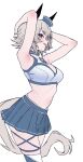 1girl absurdres animal_ears armpits arms_up bare_arms bare_shoulders blue_boots blue_choker blue_skirt blush boots breasts choker crop_top curren_chan_(umamusume) dixie_cup_hat ear_covers ears_through_headwear grey_hair hair_between_eyes hat highres horse_ears horse_girl horse_tail kerotan_(belle_reinedesu) midriff military_hat open_mouth pacific_racing_team presenting_own_armpit purple_eyes race_queen short_hair simple_background skirt smile solo sports_bra tail thigh_boots umamusume white_background white_sports_bra 