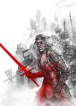  1girl 6+boys absurdres armor axe beard clenched_teeth dwarf facial_hair greyscale hel-gi helmet highres holding holding_sword holding_weapon monochrome multiple_boys polearm saskia_the_dragonslayer spear spot_color sword teeth the_witcher_(series) the_witcher_2 weapon 