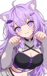  1girl :3 absurdres ahoge alternate_hair_length_(longer) animal_ear_fluff animal_ears belt black_belt black_bustier black_choker blunt_bangs breasts bustier camisole cat_ears cat_girl cat_hair_ornament cat_tattoo choker cleavage closed_mouth collarbone commentary criss-cross_halter curled_ends double-parted_bangs food-themed_hair_ornament grey_shorts hair_intakes hair_ornament hairclip halterneck heart heart_print highres hololive kiseru05 large_breasts leaning_forward long_hair looking_at_viewer messy_hair midriff multiple_hairclips navel nekomata_okayu nekomata_okayu_(gyaru) o-ring o-ring_choker official_alternate_costume onigiri_hair_ornament paw_pose purple_bustier purple_eyes purple_hair see-through_clothes see-through_shrug shorts shrug_(clothing) simple_background smile solo sticker_on_stomach tattoo torn_camisole torn_clothes two-tone_bustier upper_body very_long_hair virtual_youtuber white_background 