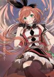  1girl absurdres armpit_hold bare_shoulders black_gloves black_thighhighs blush book breasts clarisse_(granblue_fantasy) commentary_request cropped_jacket dress feet_out_of_frame flipped_bangs from_below gloves granblue_fantasy green_eyes hair_ribbon half_gloves highres holding holding_book lipgloss long_hair looking_at_viewer medium_breasts nao_(syn_eaa) orange_hair ponytail red_dress ribbon shorts shorts_under_skirt sleeveless sleeveless_dress solo test_tube thighhighs translation_request twirling_hair upskirt waist_cape 