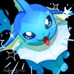  animal_focus artist_name black_background blue_eyes commentary_request fangs fins happy head_fins highres korean_commentary looking_at_viewer mulyongyone no_humans pokemon pokemon_(creature) pokemon_focus smile solo sparkle vaporeon 